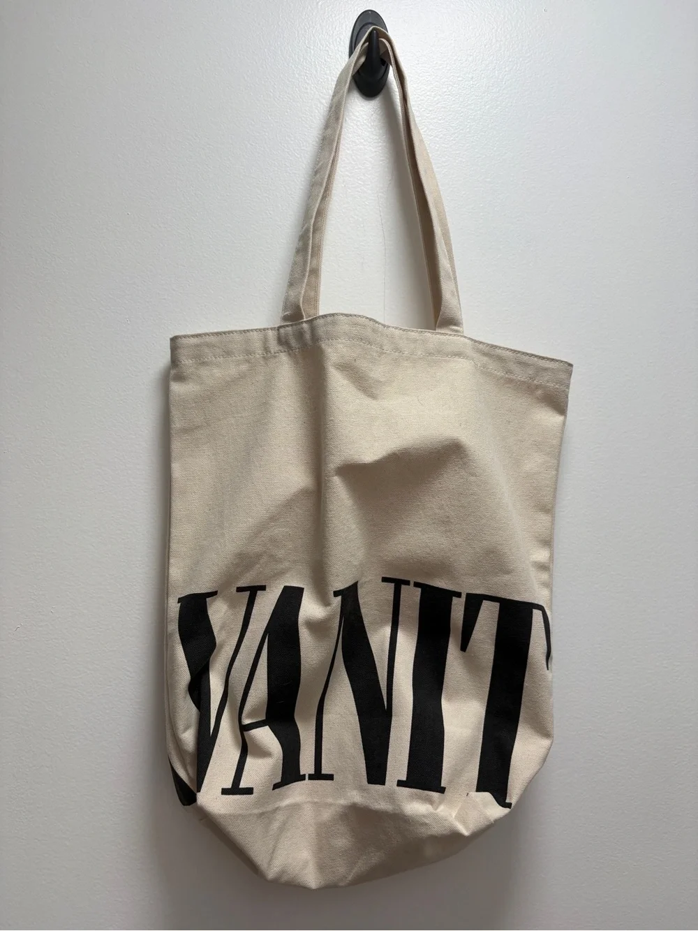 Vanity Fair Cream Canvas Tote with Black Lettering